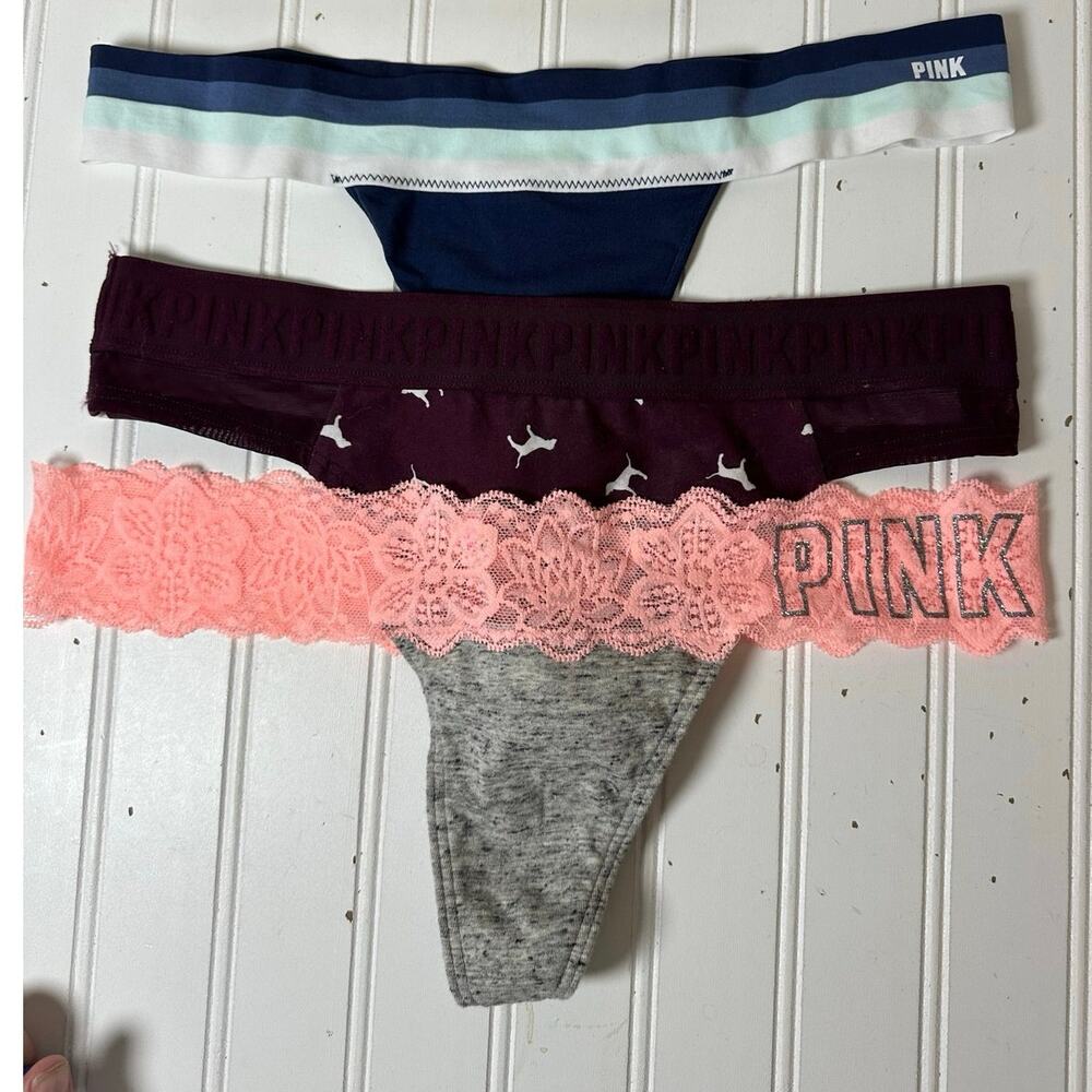 Victoria Secret Pink Size Medium 3 Pair Thong Maroon Peach & blue